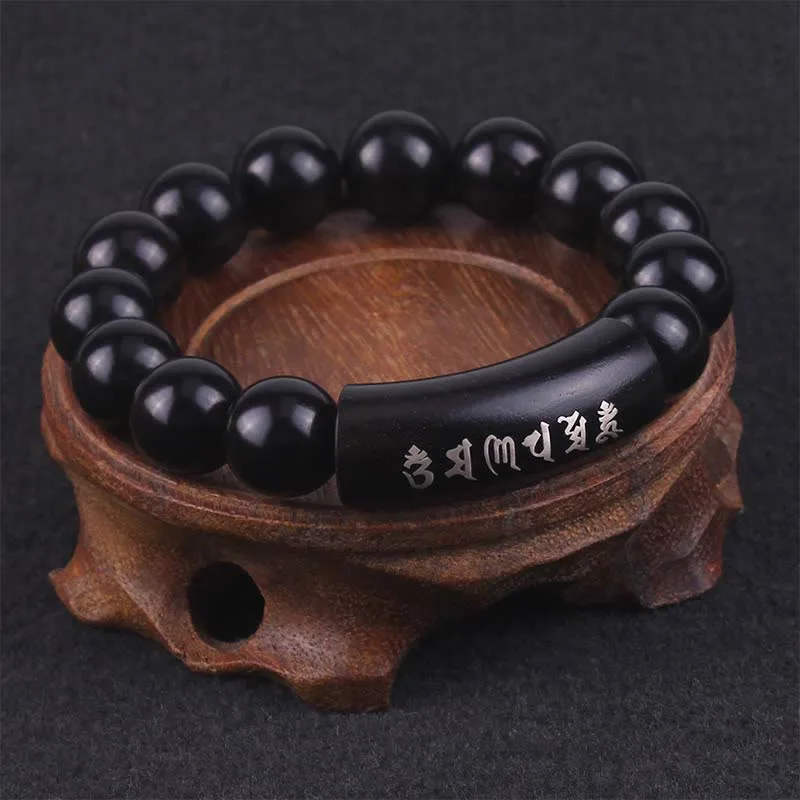 Mythstone 999 Sterling Silver Ebony Wood Om Mani Padme Hum Inlaid Balance Bracelet - Image 2
