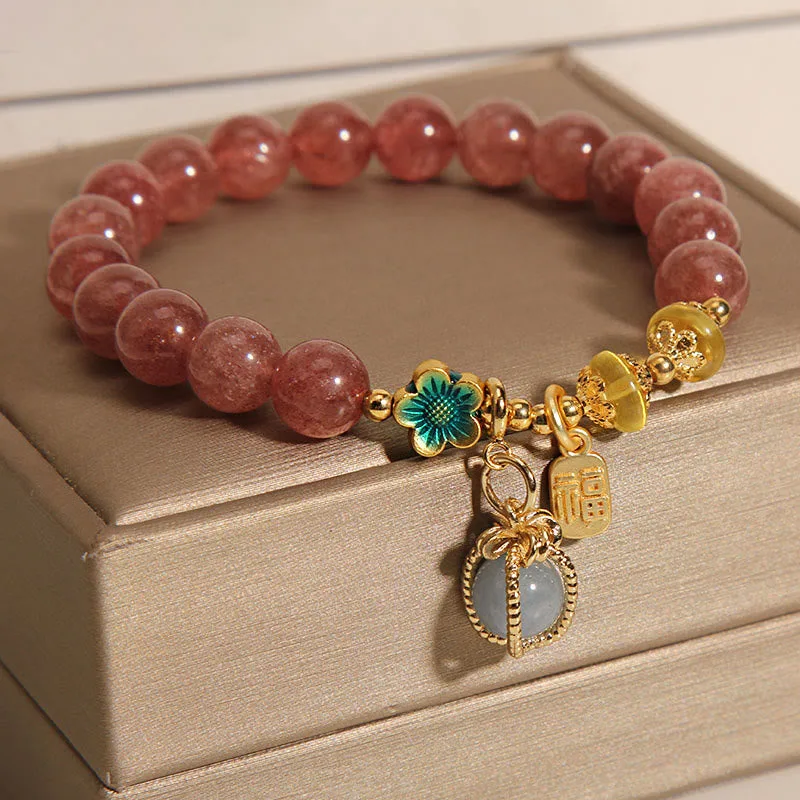 Mythstone Natural Strawberry Quartz Crystal Aquamarine Fortune Brand Love Bracelet - Image 6
