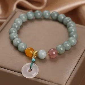 Mythstone Natural Jade Strawberry Quartz Bead Peace Buckle Prosperity Bracelet