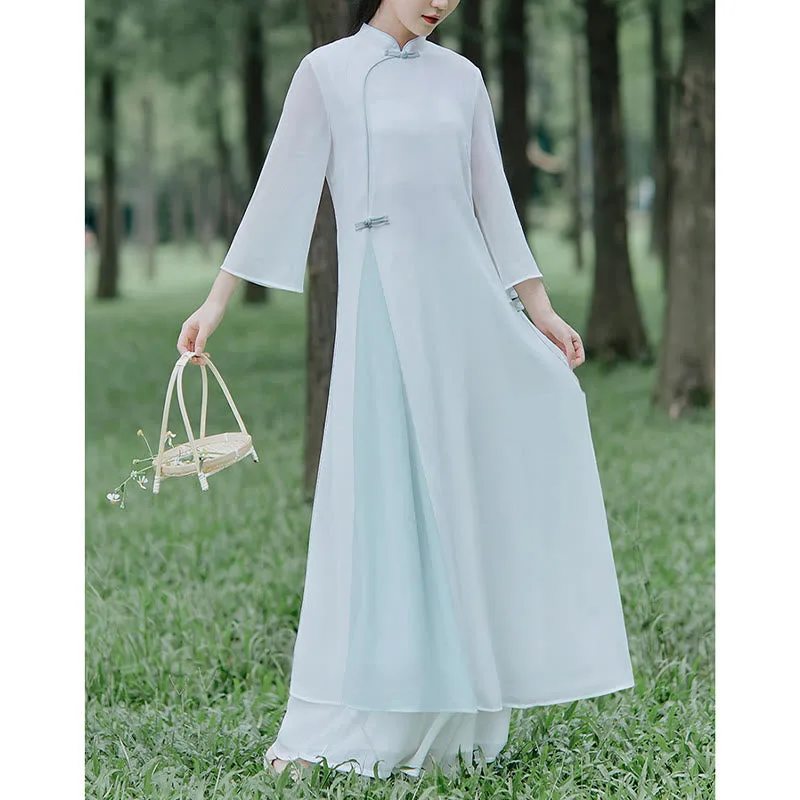 Mythstone Three Quarter Sleeve Chiffon Cheongsam Midi Dress Wide Leg Pants Meditation Zen Practice Clothing - Image 7