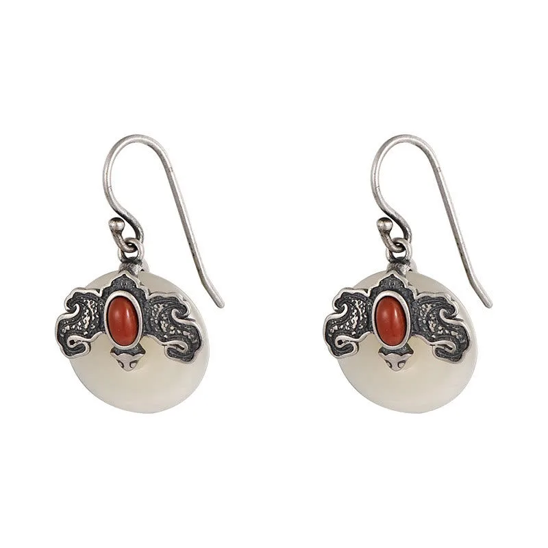 Mythstone 925 Sterling Silver Hetian Jade Red Agate Bat Prosperity Ring Earrings Set - Image 9