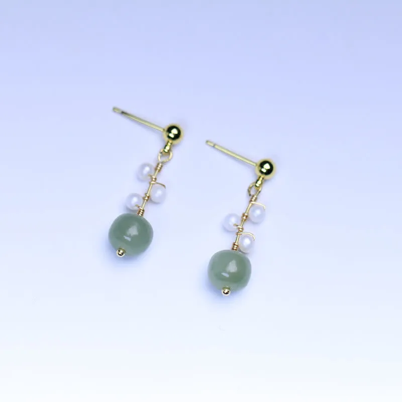 Mythstone Hetian Jade Flower Pattern 14K Gold Plated Luck Drop Dangle Earrings - Image 9