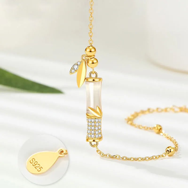 Mythstone 925 Sterling Silver 18K Gold Plated White Jade Bamboo Zircon Leaf Luck Bracelet - Image 5