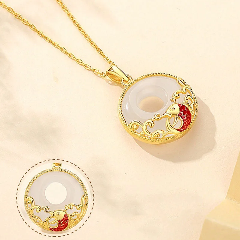 Mythstone - 925 Sterling Silver Chalcedony Koi Fish Peace Buckle Ocean Waves Wealth Necklace Pendant - Image 5