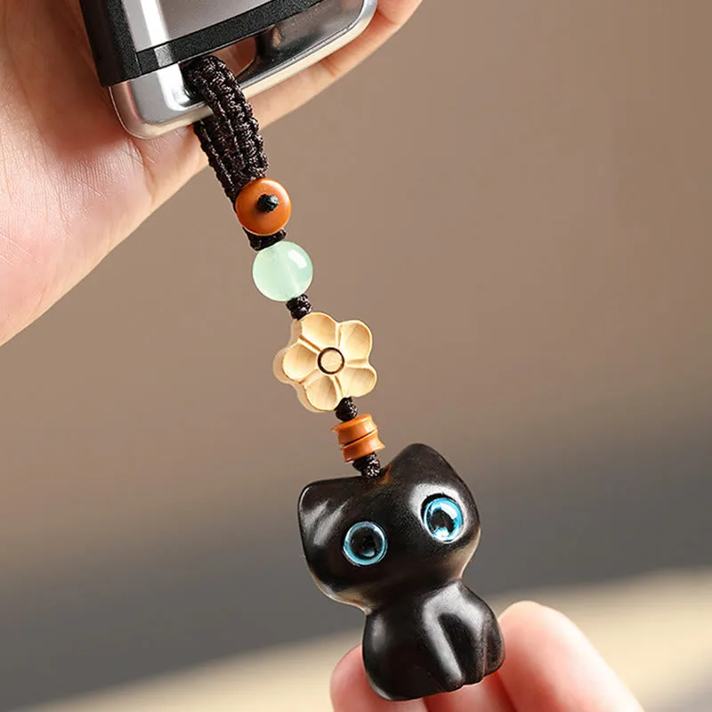 Mythstone Mini Small Leaf Red Sandalwood Ebony Wood Lucky Cat Lovely Kitty Peace Key Chain Phone Hanging Decoration - Image 6