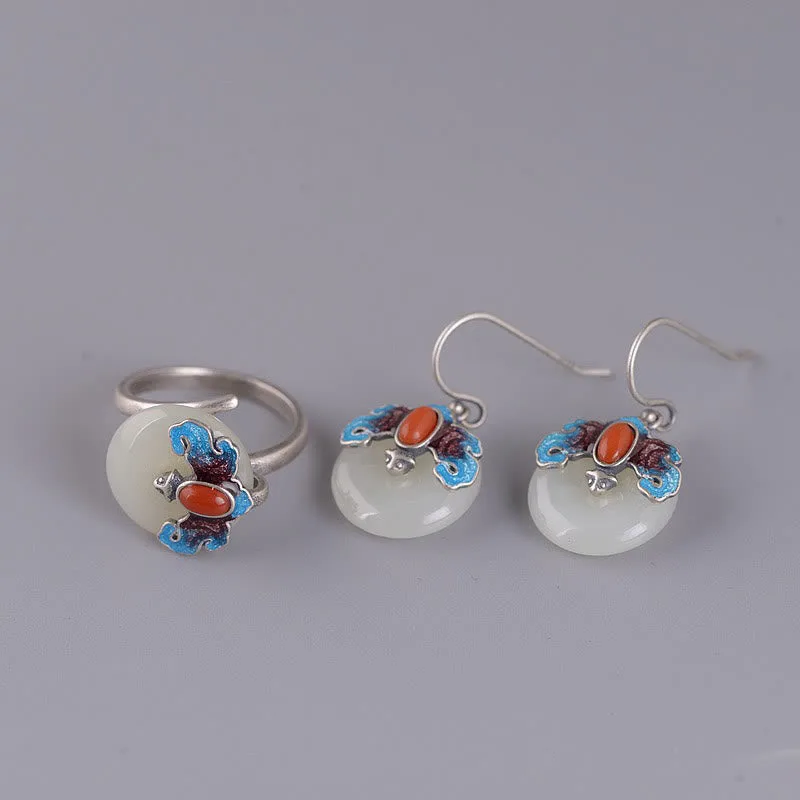 Mythstone 925 Sterling Silver Hetian Jade Red Agate Bat Prosperity Ring Earrings Set - Image 12