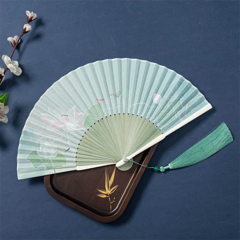 Mythstone Lotus Begonia Flower Jasmine Handheld Bamboo Folding Fan 21cm - Image 16