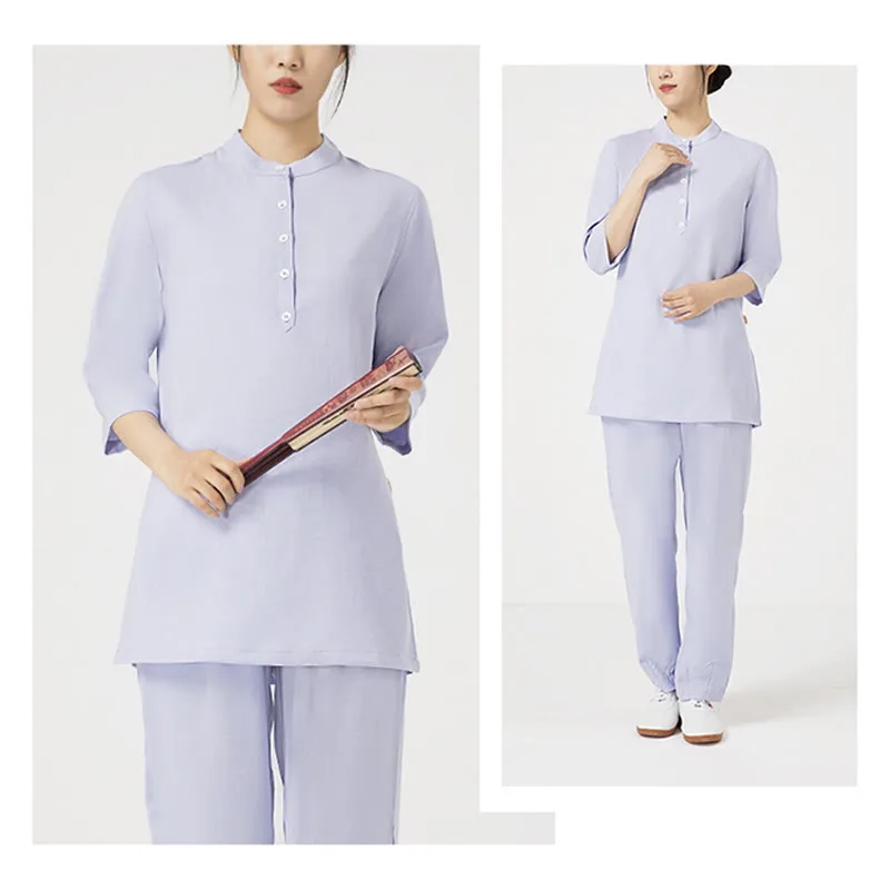Mythstone 2Pcs Buttons Three Quarter Sleeve Shirt Top Pants Meditation Zen Tai Chi Cotton Linen Clothing Women's Set - Image 6