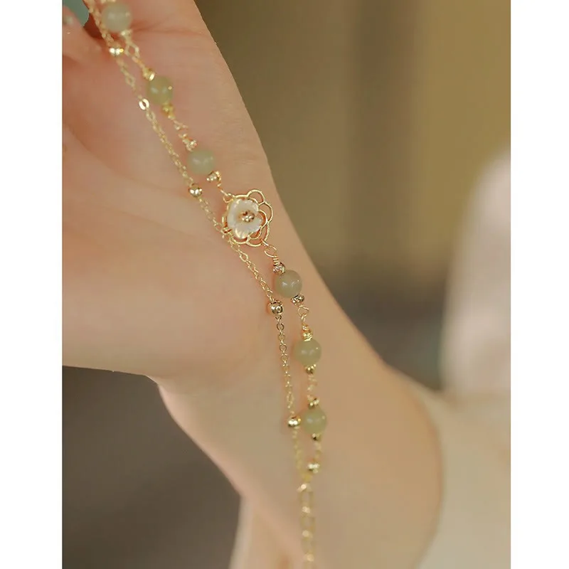 MythStone 14K Gold Plated Jade Butterfly Tridacna Stone Flower Double Layer Luck Bracelet - Image 17