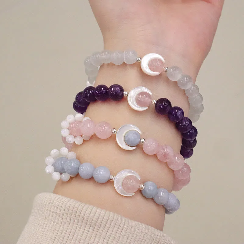 Mythstone 925 Sterling Silver Natural Amethyst Aquamarine Pink Crystal Cat's Eye Healing Crescent Moon Bracelet