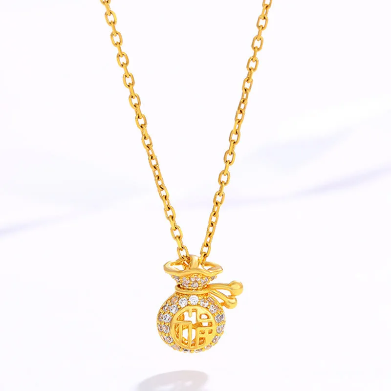 24K Gold Plated Fu Character Fortune Money Bag Necklace Pendant - Image 2
