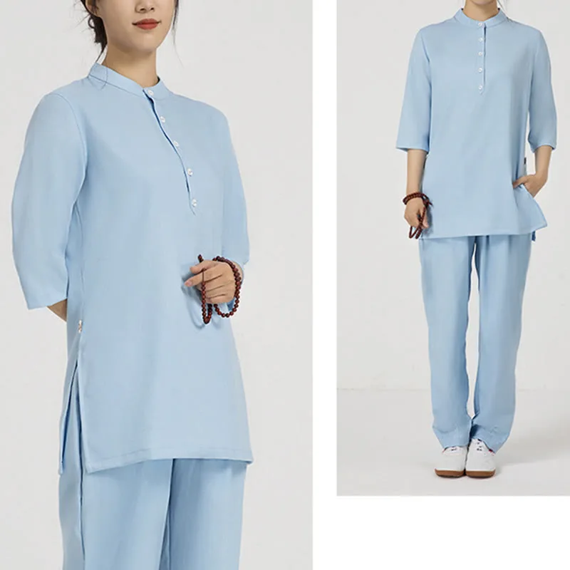Mythstone 2Pcs Solid Color Three Quarter Shirt Top Pants Meditation Zen Tai Chi Cotton Linen Clothing Women's Set - Image 19