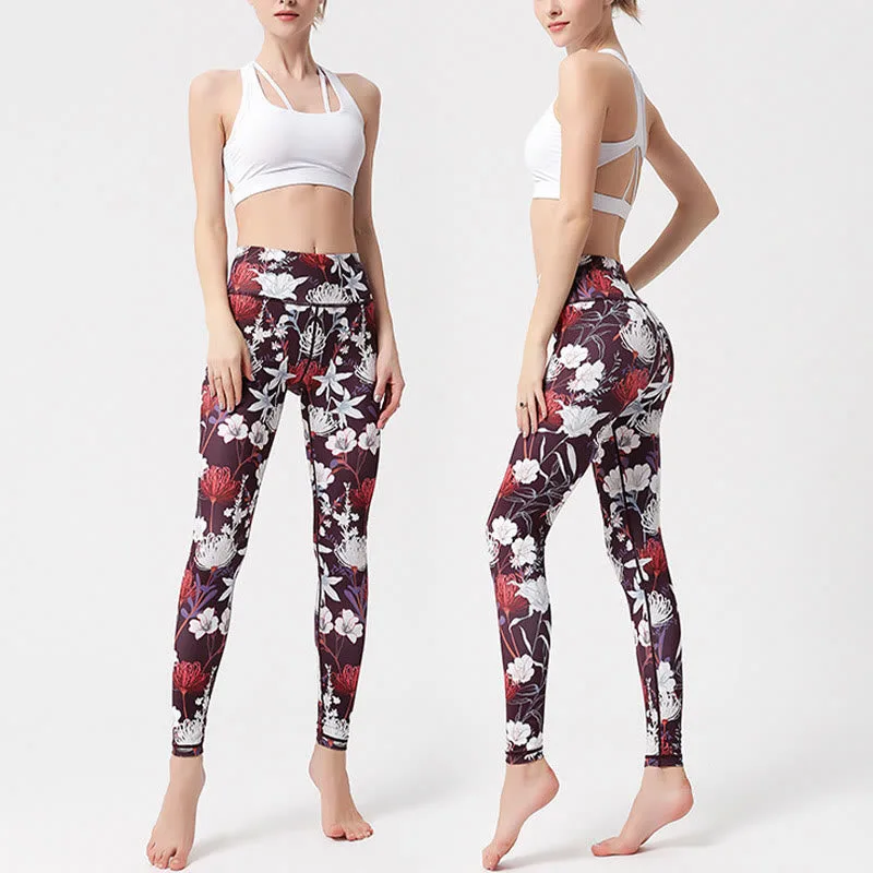 Mythstone Colorful Flower Petal Leaves Print Sports Exercise Fitness High Waist Leggings Women's Yoga Pants - Image 3