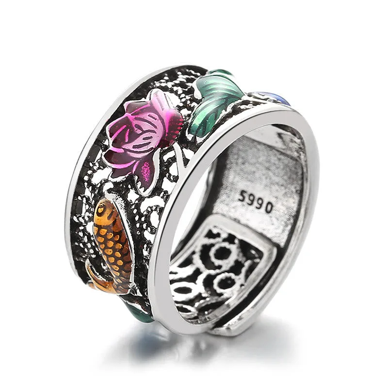 Mythstone - Copper Blue Enamel Lotus Heart Sutra Koi Fish Luck Ring - Image 13