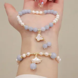 Mythstone Natural Aquamarine Pearl Healing Ginkgo Leaf Butterfly Charm Bracelet