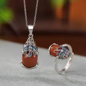 Mythstone 925 Sterling Silver Red Agate Copper Coins PiXiu Protection Ring Necklace Pendant Set