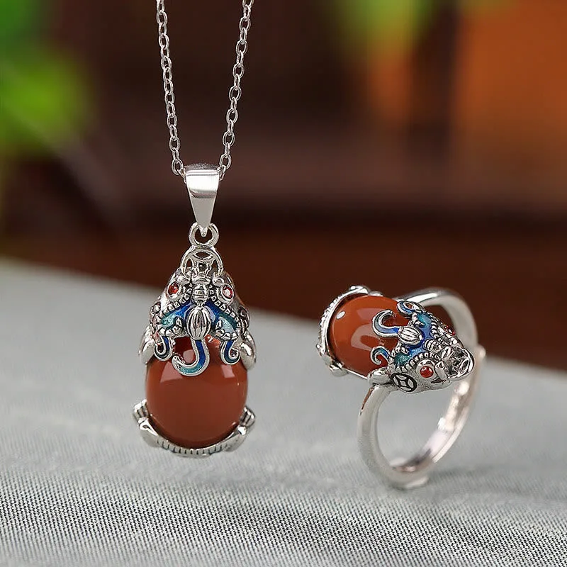 Mythstone 925 Sterling Silver Red Agate Copper Coins PiXiu Protection Ring Necklace Pendant Set