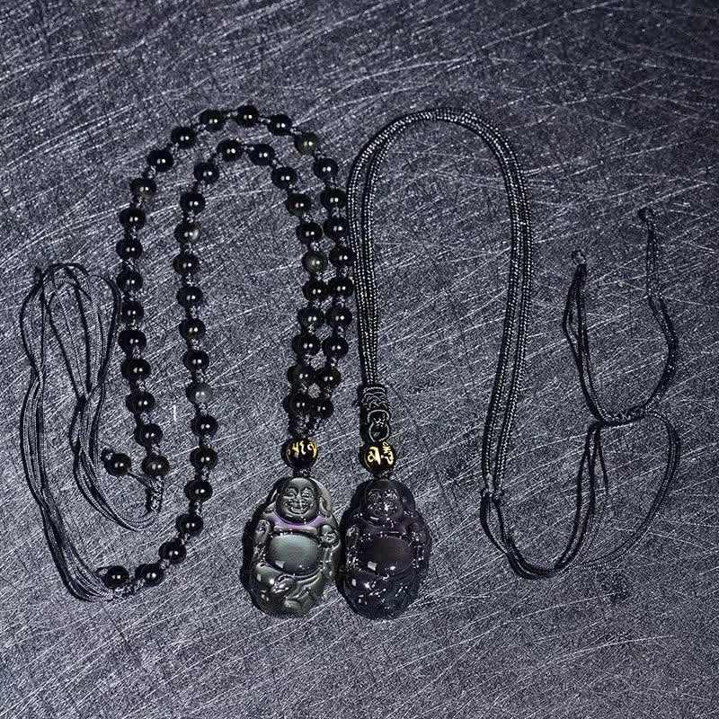 Natural Rainbow Obsidian Laughing Buddha Inner Peace Necklace Pendant - Image 6