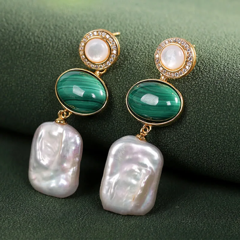 Mythstone 925 Sterling Silver Natural Baroque Pearl Malachite Healing Wisdom Drop Earrings - Image 9