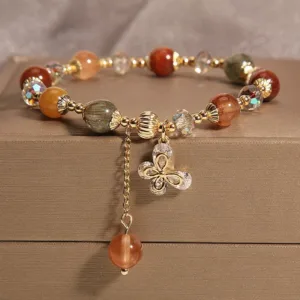 Mythstone Natural Fu Lu Shou Rainbow Crystal Rutilated Quartz Wealth Butterfly Charm Bracelet