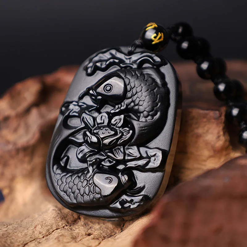 Mythstone - Natural Black Obsidian Koi Fish Lotus Strength Beaded Necklace Pendant - Image 5