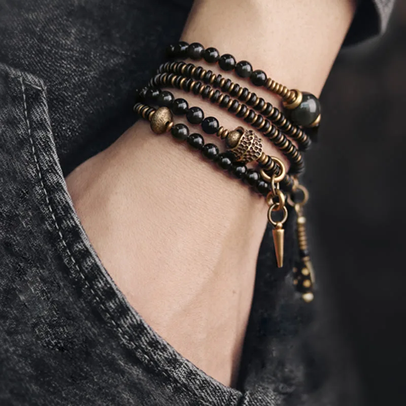 Mythstone Rainbow Obsidian Ebony Wood Copper Positive Multilayer Bracelet - Image 3