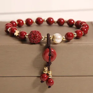 Mythstone Natural Cinnabar Peace Buckle Copper Coin Charm Blessing Bracelet