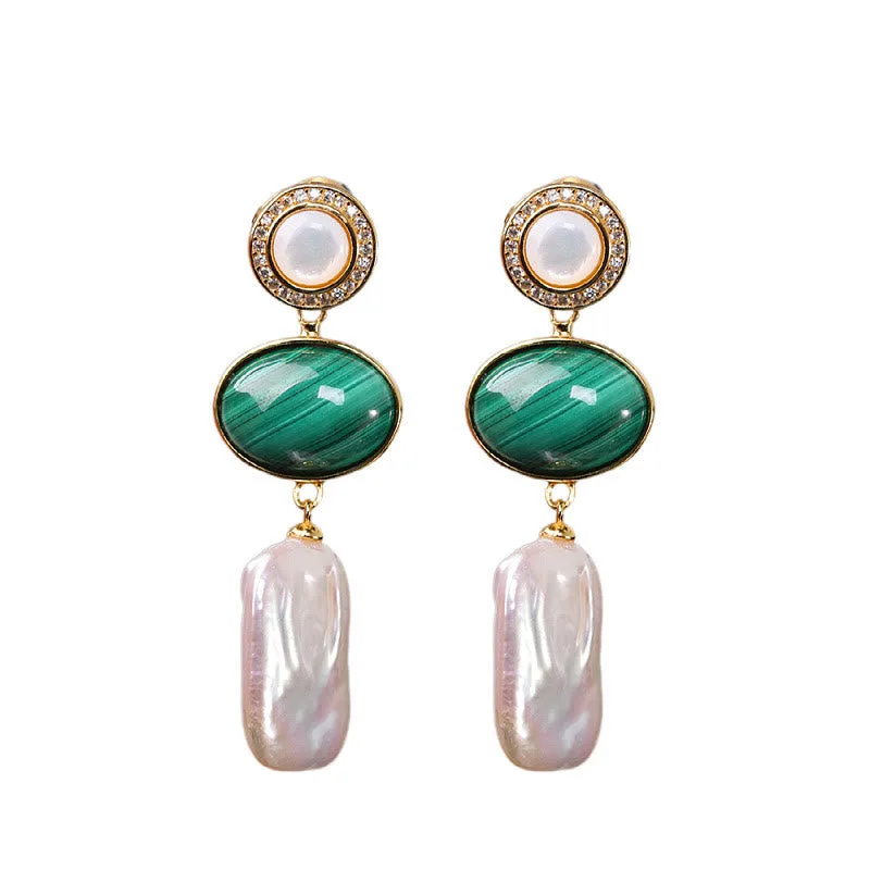 Mythstone 925 Sterling Silver Natural Baroque Pearl Malachite Healing Wisdom Drop Earrings - Image 14
