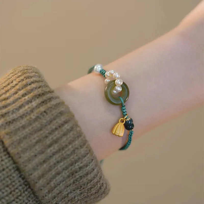Mythstone Natural Hetian Jade Peace Buckle Pearl Luck Handcrafted Braided Bracelet - Image 5
