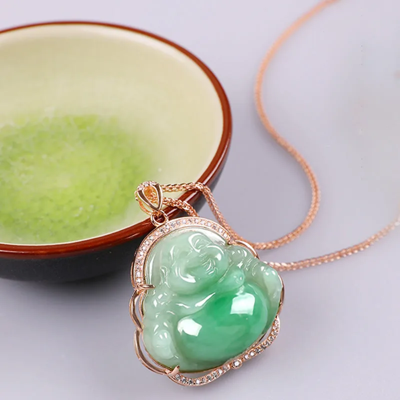 925 Sterling Silver Laughing Buddha Natural Jade Prosperity Necklace Chain Pendant - Image 2