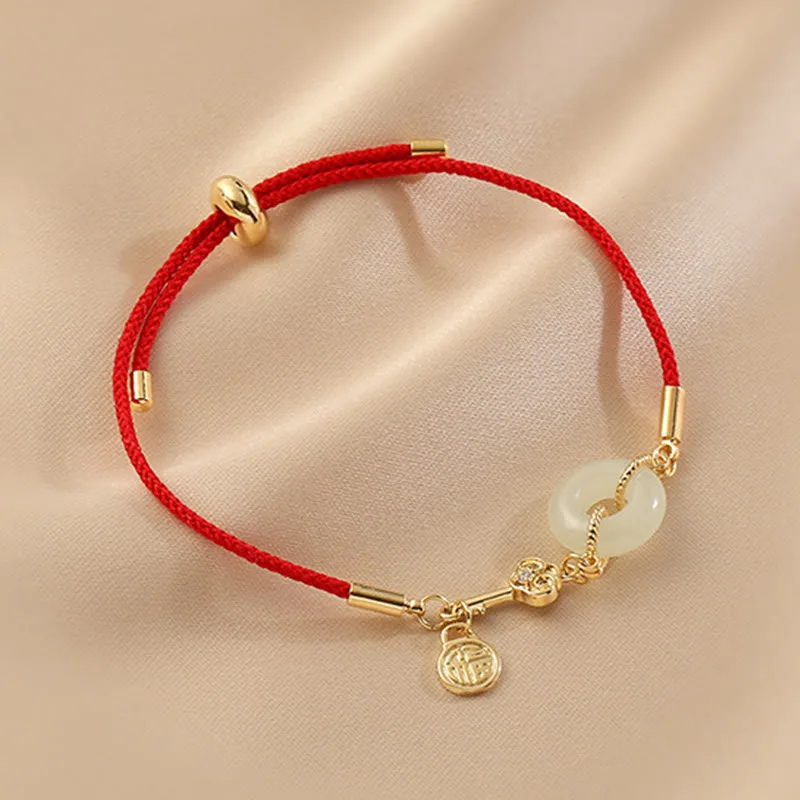 Mythstone 18K Gold Plated Hetian Jade Peace Buckle Fu Character Luck Red Rope Bracelet - Image 3
