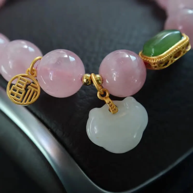 Mythstone 925 Sterling Silver Natural Madagascar Rose Quartz Hetian Jade Wish Lock Peace Bracelet - Image 6