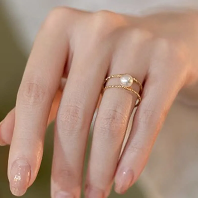 Mythstone Round Jade Pearl Bead Double Layer Copper Luck Adjustable Ring - Image 11