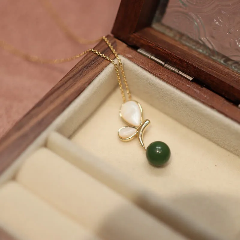 Mythstone Natural Butterfly Tridacna Stone Cyan Jade Copper Plated Gold Calm Necklace Pendant Ring Earrings Set - Image 4