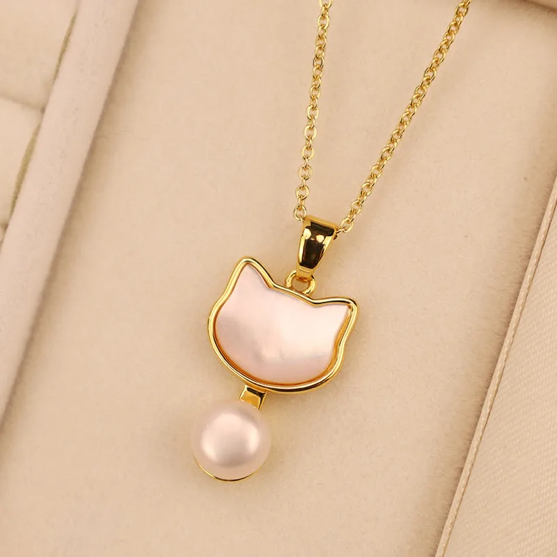 Mythstone 925 Sterling Silver Posts Cute Cat Tridacna Stone Pearl Ring Earrings Necklace Jewelry Set - Image 8