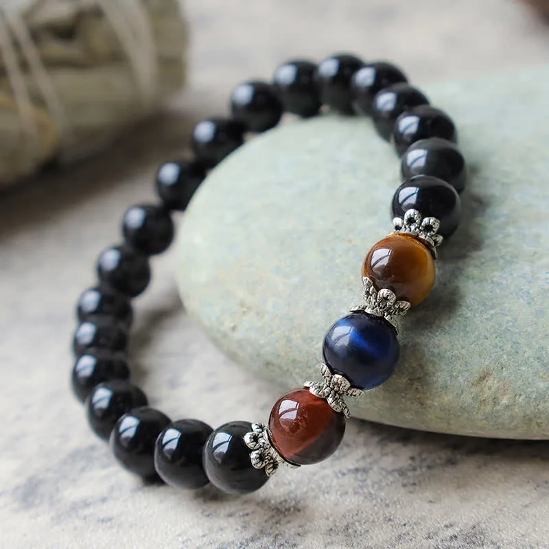 Natural Black Obsidian Tricolor Tiger Eye Strength Bracelet - Image 4