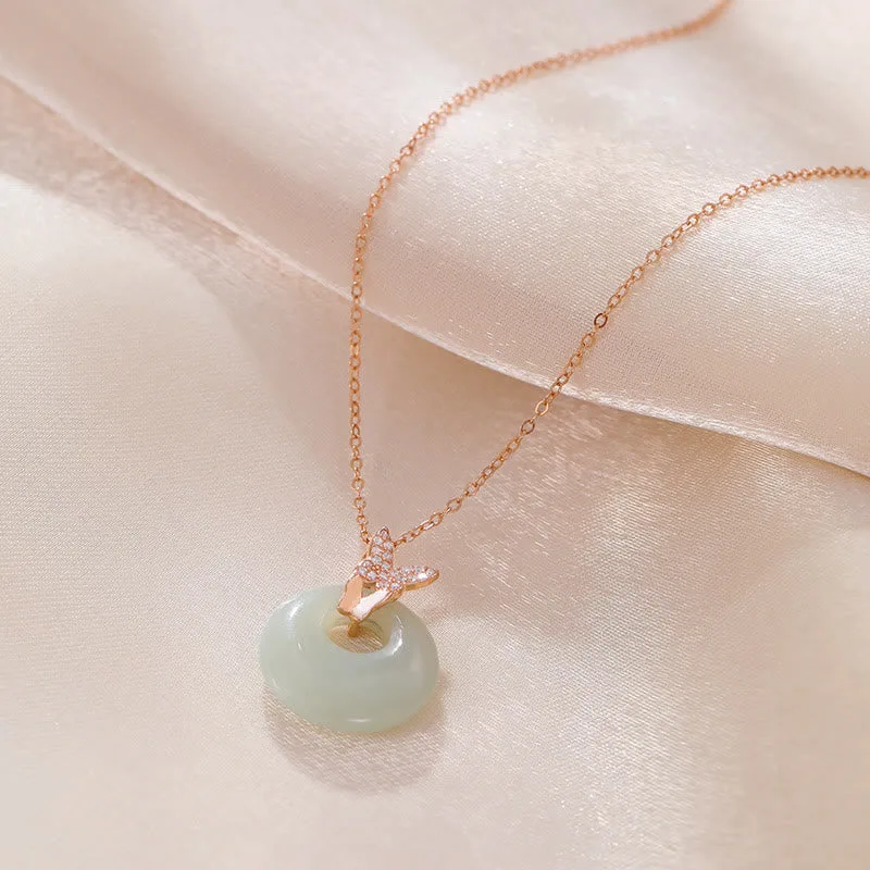 Mythstone 925 Sterling Silver Natural Hetian Jade Zircon Butterfly Luck Necklace Pendant - Image 2