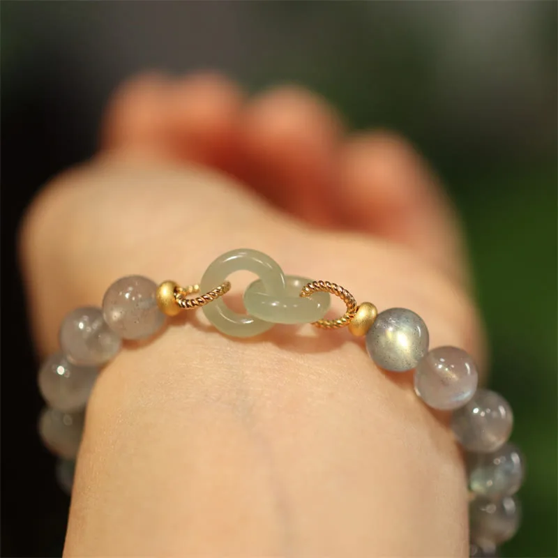 Mythstone Natural Moonstone Heitan Jade Peace Buckle Healing Bracelet - Image 2