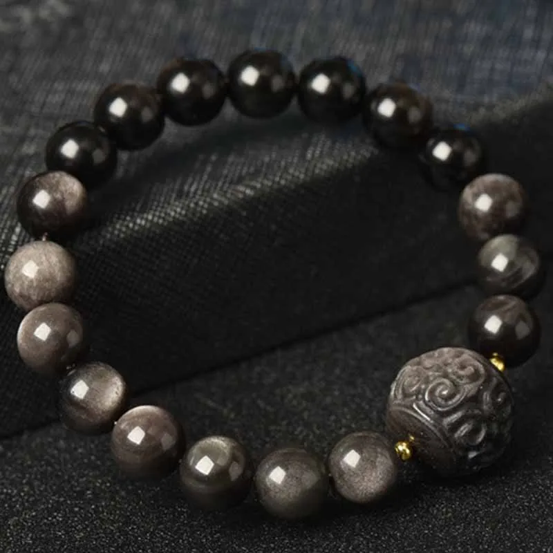 Mythstone Silver Sheen Obsidian Lotus Flower Nine Tailed Fox Laughing Buddha Protection Bracelet - Image 11