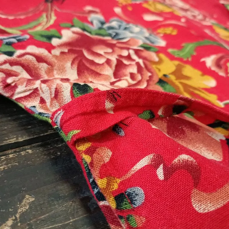 Mythstone Ethnic Style Northeast Red Flower Peony Print Cotton Linen Lace Up Jacket - Image 10