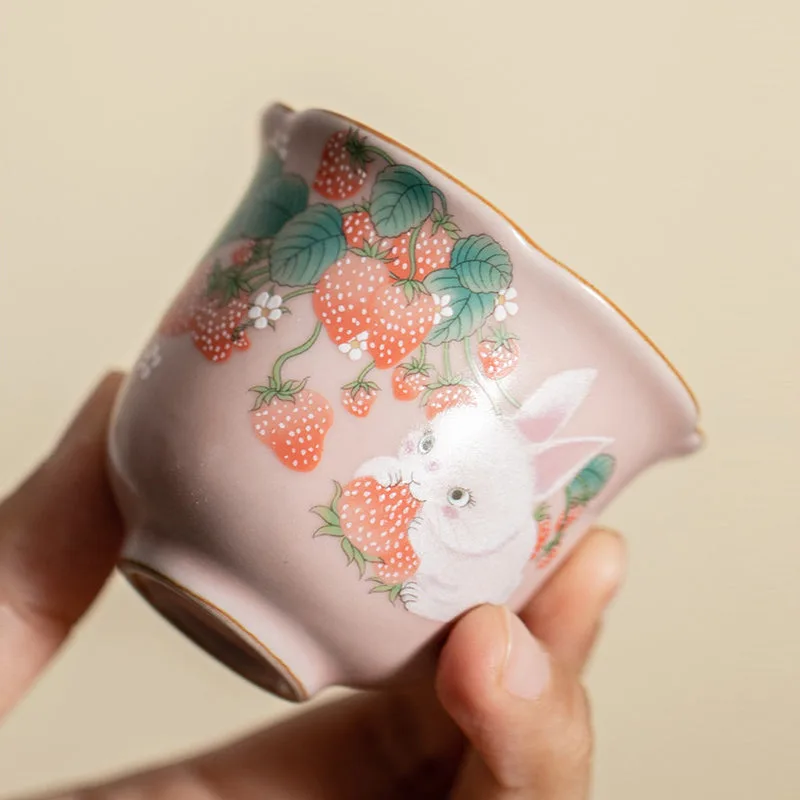 Mythstone Cute Strawberry Rabbit Flower Ceramic Teacup Kung Fu Tea Cup 55ml - Image 6