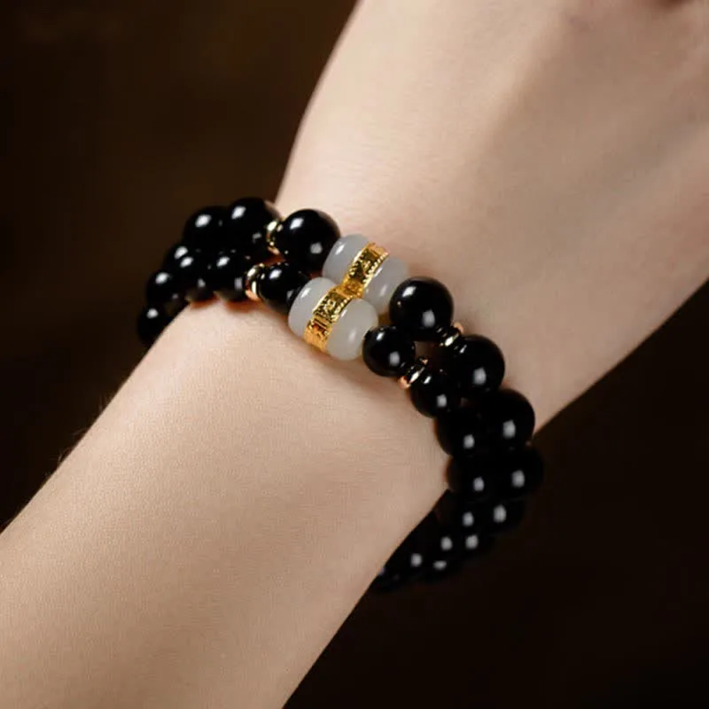 Mythstone Black Obsidian Jade Om Mani Padme Hum Strength Couple Magnetic Bracelet - Image 11