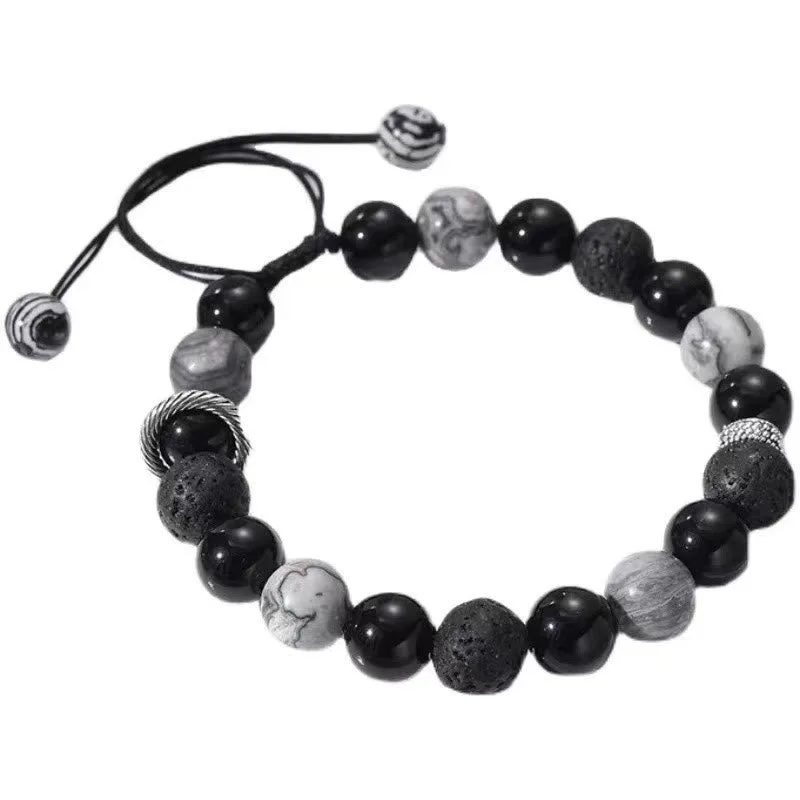 Mythstone Vintage Lava Rock Black Obsidian Picasso Jasper Beads Support Rope Bracelet - Image 9