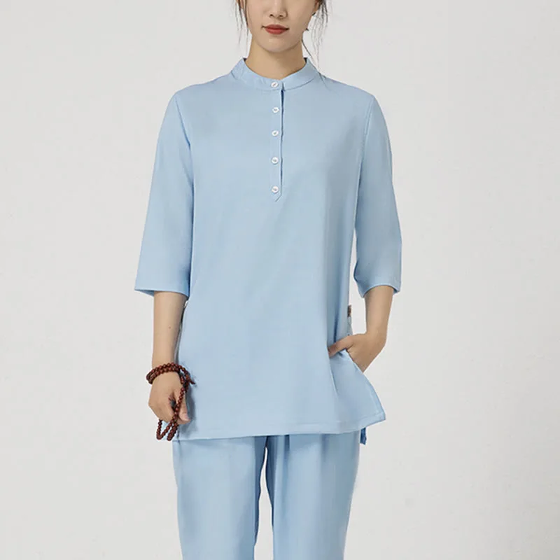 Mythstone 2Pcs Buttons Three Quarter Sleeve Shirt Top Pants Meditation Zen Tai Chi Cotton Linen Clothing Women's Set - Image 14