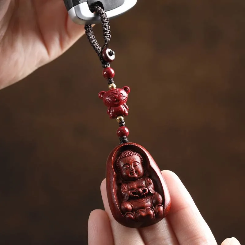 Mythstone Small Leaf Red Sandalwood Buddha Cinnabar Chinese Zodiac Amulet Protection Key Chain - Image 8
