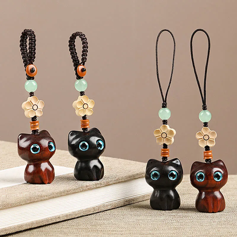 Mythstone Mini Small Leaf Red Sandalwood Ebony Wood Lucky Cat Lovely Kitty Peace Key Chain Phone Hanging Decoration - Image 2