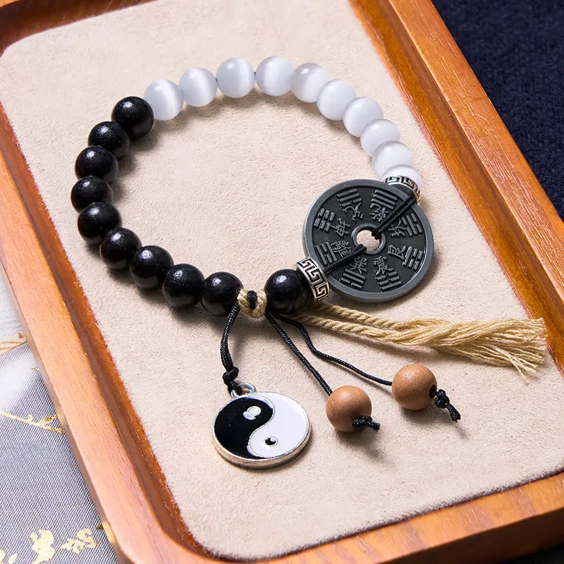 Mythstone Cat's Eye Ebony Wood Yin Yang Bagua Coin Support Rope Bracelet - Image 2