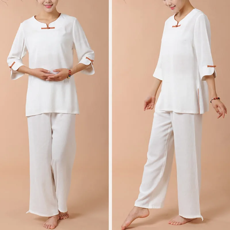 Mythstone 2Pcs Frog-Button Three Quarter Sleeve Shirt Top Pants Meditation Zen Tai Chi Linen Clothing Women's Set - Image 9
