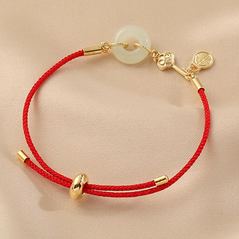Mythstone 18K Gold Plated Hetian Jade Peace Buckle Fu Character Luck Red Rope Bracelet - Image 8