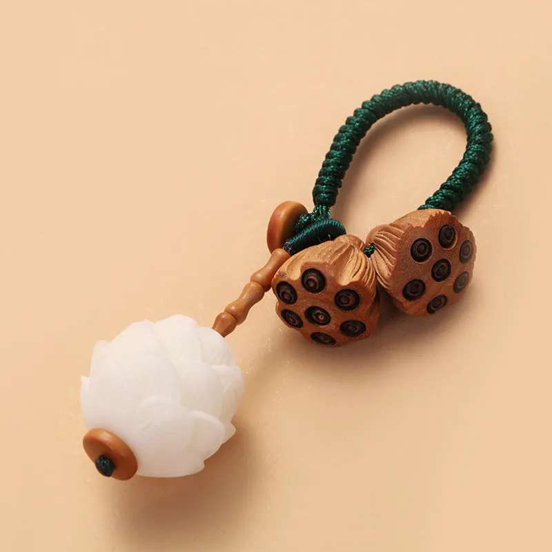 Mythstone Lotus Natural White Bodhi Seed Peach Wood Luck Keychain Decoration - Image 3